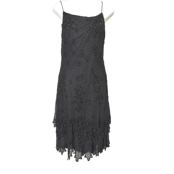 KRISHMA Black Beaded Silk Slip Dress Art Deco Flapper Evening Party 20s L - Picture 2 of 9